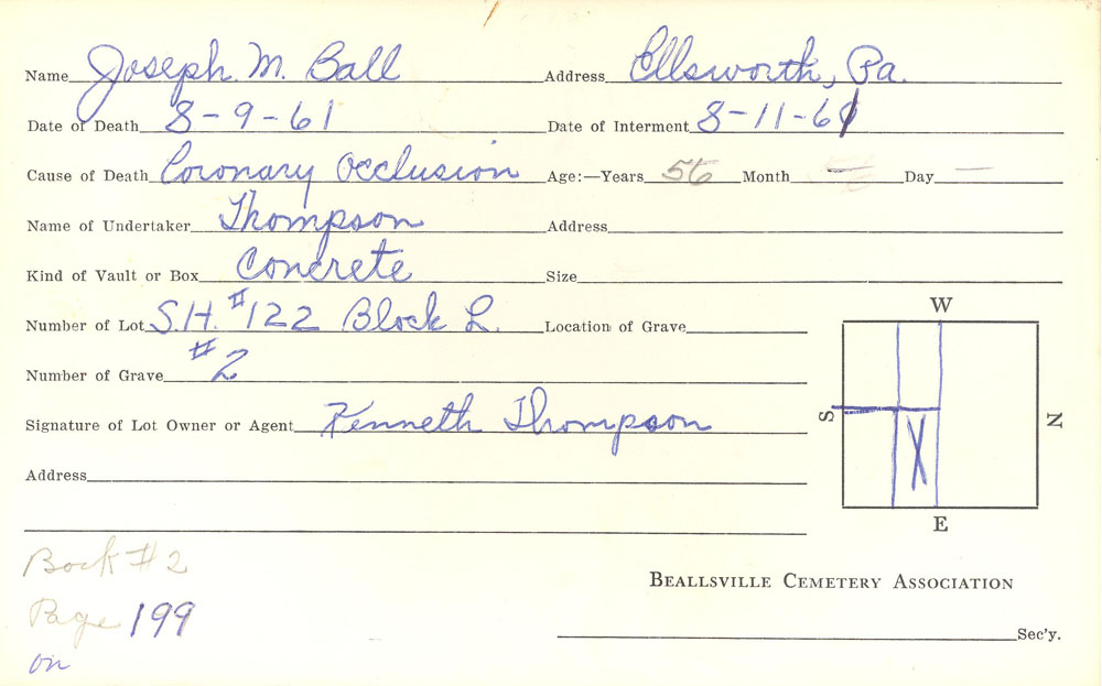 Joseph M. Ball burial card